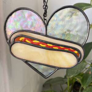 Mini hot dog heart - iridescent with ketchup and mustard