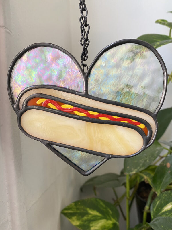 Mini hot dog heart - iridescent with ketchup and mustard