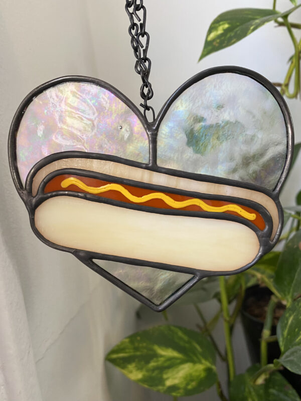 Mini hot dog heart - iridescent with mustard