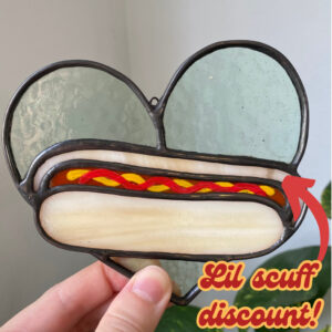 Mini hot dog heart - pale green-blue with ketchup and mustard