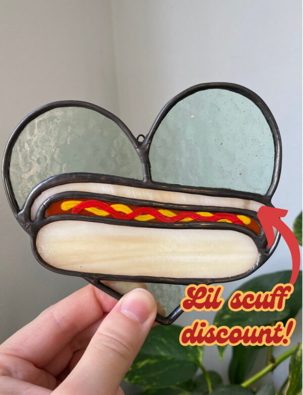 Mini hot dog heart - pale green-blue with ketchup and mustard