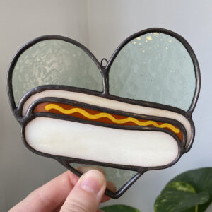 Mini hot dog heart - pale green-blue with mustard