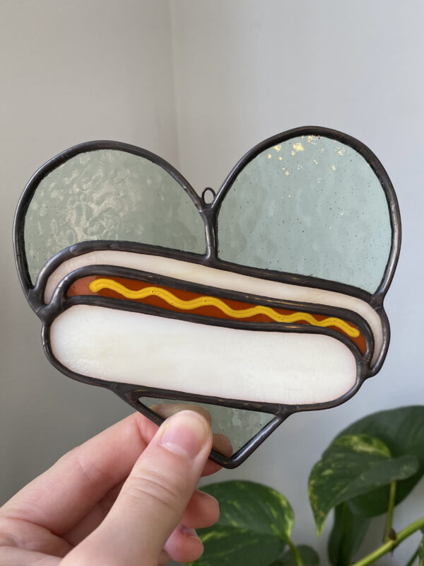 Mini hot dog heart - pale green-blue with mustard