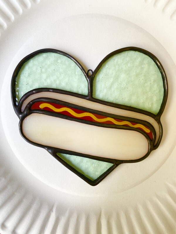 Mini hot dog heart - pale green-blue with mustard - Image 2