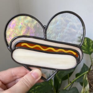 Mini hot dog heart - iridescent A with mustard