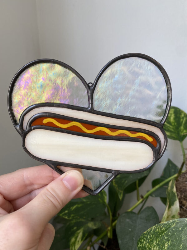 Mini hot dog heart - iridescent A with mustard
