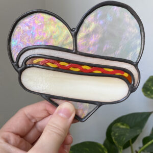 Mini hot dog heart - iridescent A with ketchup and mustard
