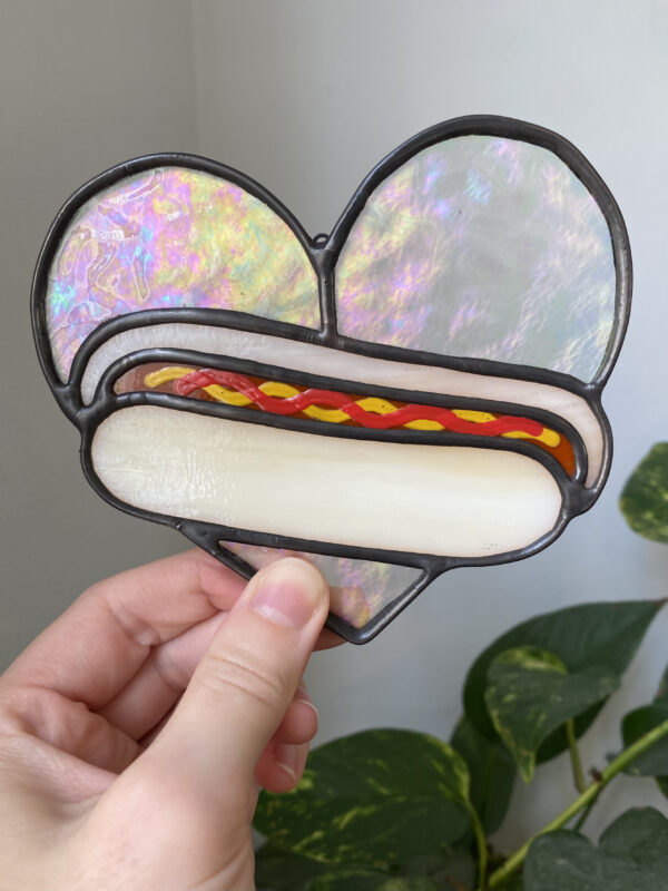 Mini hot dog heart - iridescent A with ketchup and mustard
