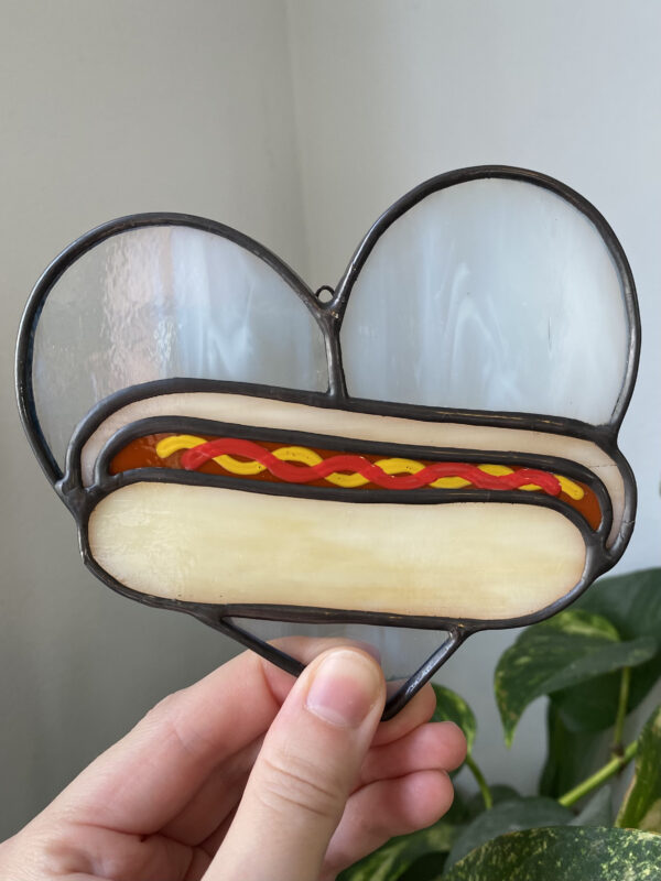 Mini hot dog heart - wispy white with ketchup and mustard